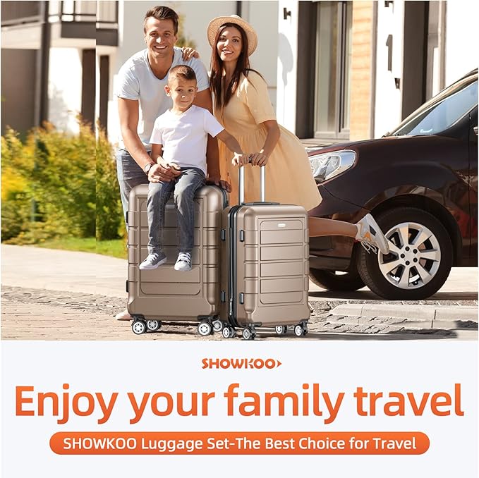 SHOWKOO Luggage Sets Expandable 100% PC Durable Suitcase Double Wheels TSA Lock 3pcs, Champagne