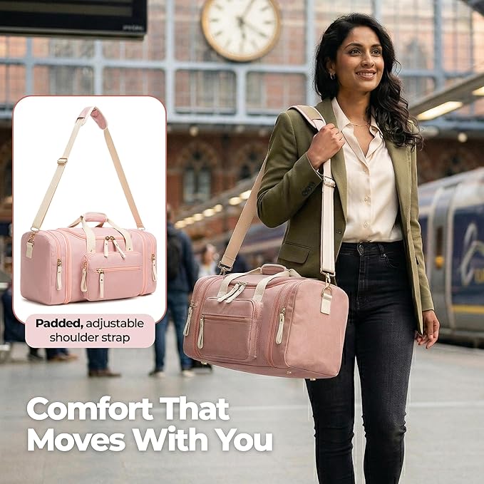 Duffle Bag for Travel (Pink) 20–23” Expandable (40L) – Lightweight Water-Resistant Carry On Weekender with Multiple Pockets & Shoulder Strap – Airline Approved Travel Duffel Bags for Men & Women
