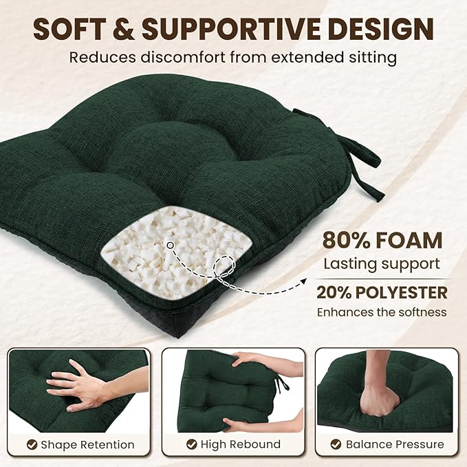 downluxe Indoor Chair Cushions for Dining Chairs, Tufted Overstuffed Textured Kitchen Chair Pads with Ties and Non-Slip Backing, 15.5" x 15.5" x 4", Dark Green, 4 Pack