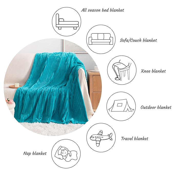 NTBAY Plush Flannel Twin Bed Blanket, 60X80 Inches Soft and Warm Lightweight Blanket with Striped Texture Bed Blanket for Couch Sofa Bed All Seasons, 60"x80", Turquoise
