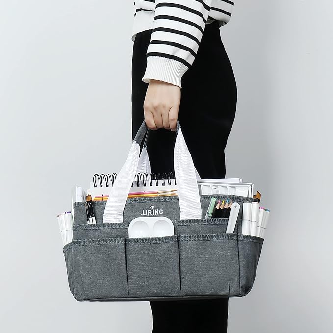 JJRING Craft Organizer Tote Bag, Art Storage Caddy with Multiple Pockets, Grey Sewing Bag for Art, Craft, Scrapbooking, Medical, and Office Supplies Storage