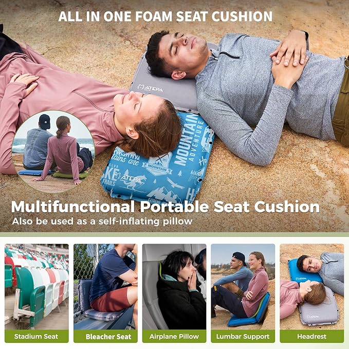 ATEPA Inflatable Seat Cushion, Self-Inflating Portable Stadium Airplane Travel Foam Cushion Pad for Camping, Sports Events, Outdoor