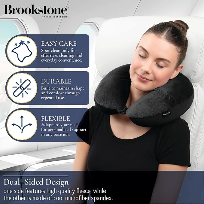 Brookstone Microbead Travel Head and Neck Pillow Lightweight and Plush with Phone or Headphone Pocket, Black