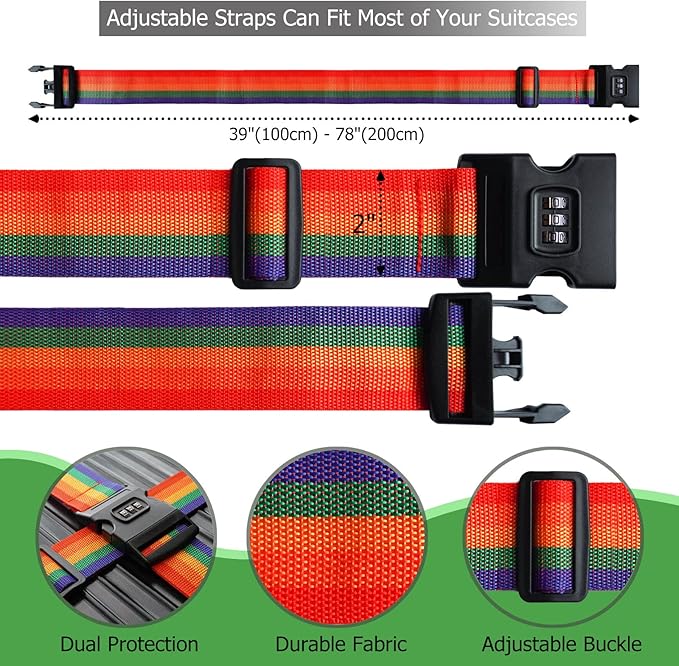 2 PCS Luggage Strap 78" x 2" Suitcase Belts Wide Adjustable Packing Straps Travel Accessories, Colourful&Combination Lock