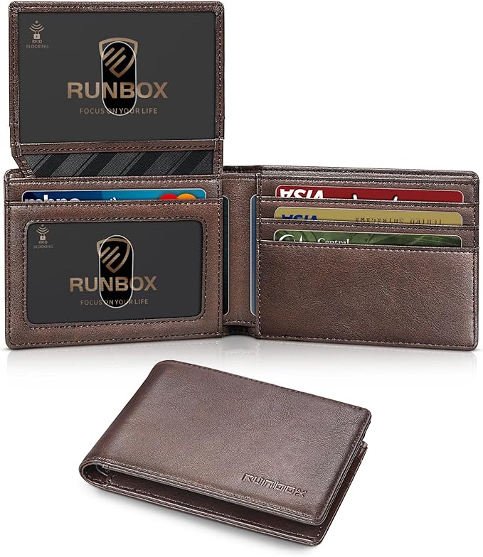 RUNBOX Wallet for Men Slim Rfid Leather 2 ID Window With Gift Box | Slim, Rfid, 2 ID Window, With Gift Box, Slim, Rfid