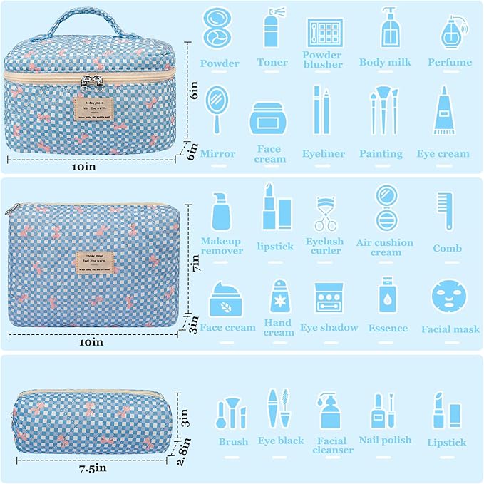 3PC Makeup Bag Set, Cute Cosmetic Bag for Women Girls, Floral Coquette Aesthetic Toiletry Bag, Travel Make Up Organizer Bag (Blue Check)