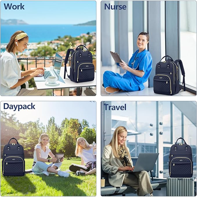Laptop Backpack for Women Work Bag - 15.6 inch Travel Backpack Purse with USB Charger College Bookbag Waterproof Cute Casual Daypack Fashion Business Computer Backpacks for Teacher Nurse Dark Blue