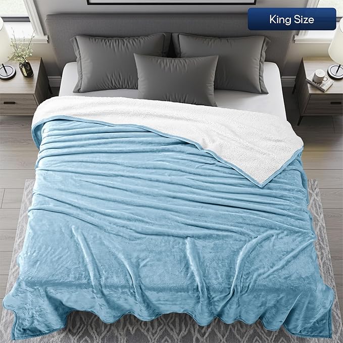 Utopia Bedding Sherpa Blanket King Size (Washed Blue, 90x102 Inches) - Soft Lightweight Plush Fleece Reversible Blanket for Bed, Sofa, Couch, Camping and Travel