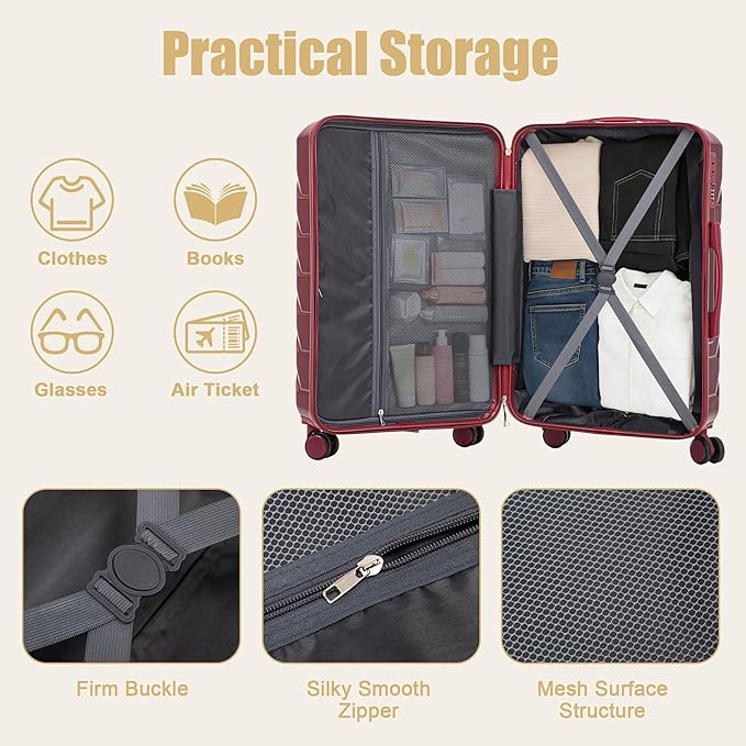 28 Inch Checked-Large Luggage, Lightweight ABS Hard Shell Suitcase with Spinner Wheels, Expandable Travel Luggage with Combination Lock & Side Hooks for Men Women (Red, 28)
