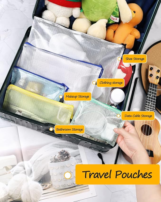 SUNEE Plastic Mesh Zipper Pouch 11x15 in (6 Colors, 12 Packs),Extra Large Water-Resistant Zip Bag for School Office Supplies, Puzzles & Games Organizing Storage