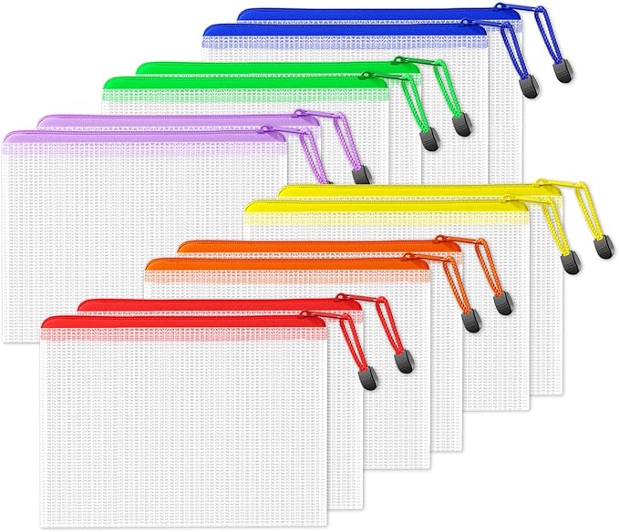 SUNEE Plastic Mesh Zipper Pouch 6.8x9.2 in (6 Colors, 12 Packs), Small Water-Resistant Zip Bag for School Office Supplies, Pencil Organizing Storage