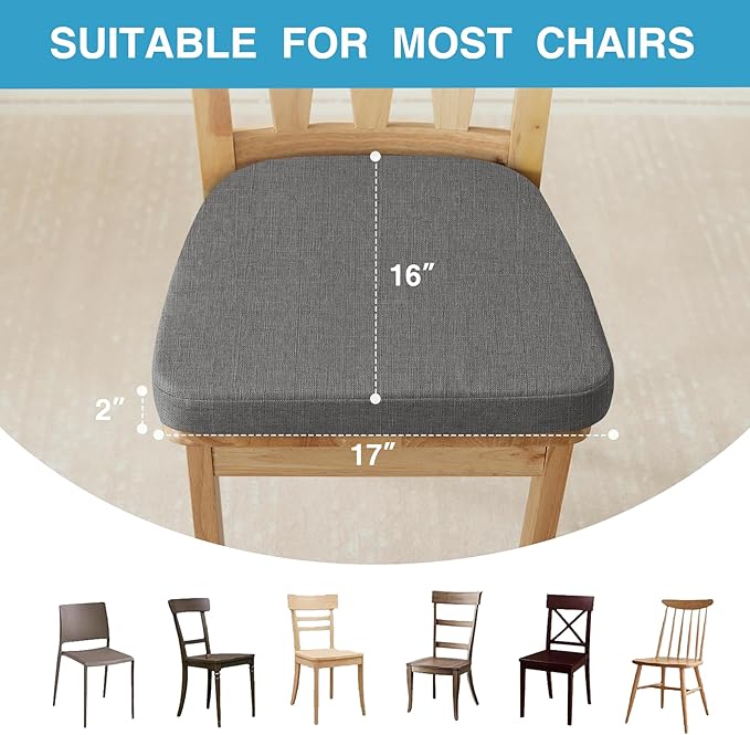 Chair Cushions for Dining Chairs Set of 4, Non Slip Kitchen Chair Pads, 17" x 16" x 2", Indoor Dining Chair Cushions with Ties, D-Shaped Seat Cushions for Kitchen Chairs, Dark Grey