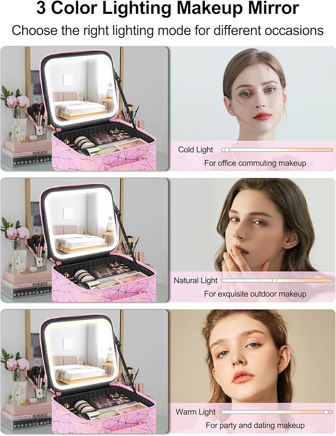 Relavel Travel Makeup Bag with LED Mirror, Portable Cosmetic Train Case with 3 Color Lighted Brightness Mirror, Makeup Artist Organizer Storage with Adjustable Dividers Make Up Box - Pink Strip
