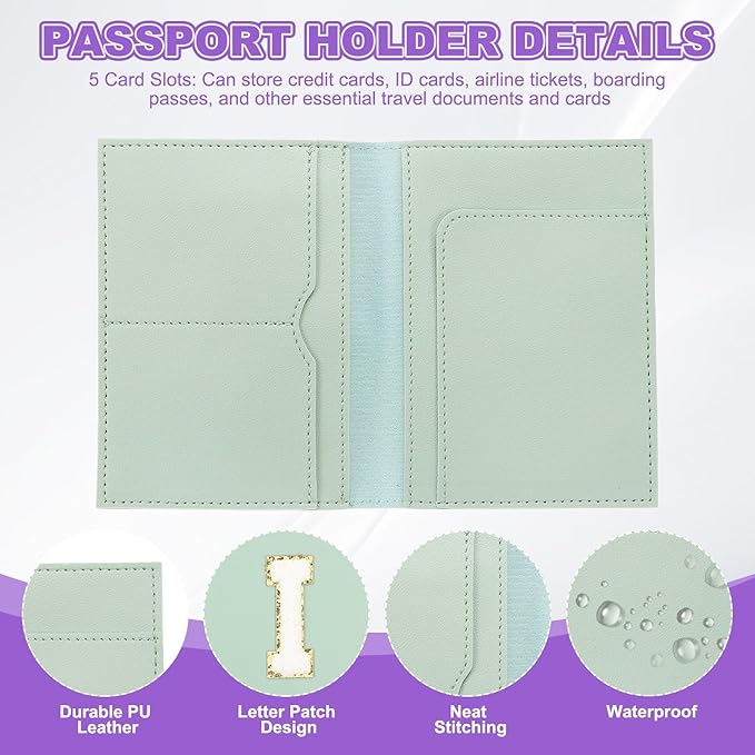 PATIKIL Passport Holder for Travel, Initial Passport Cover and Luggage Tag Set with Alphabet Chenille Letter Patch Travel Wallet Bag Suitcase Identifier for Women Family Travel Green I