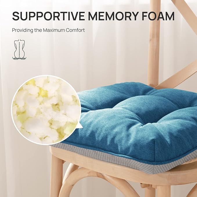 Love's cabin Memory Foam Chair Cushions Set of 4, 15.5"x15.5"x3.5" Indoor & Outdoor Seat Pads for Dining, Kitchen, Office, Patio Chairs - Blue