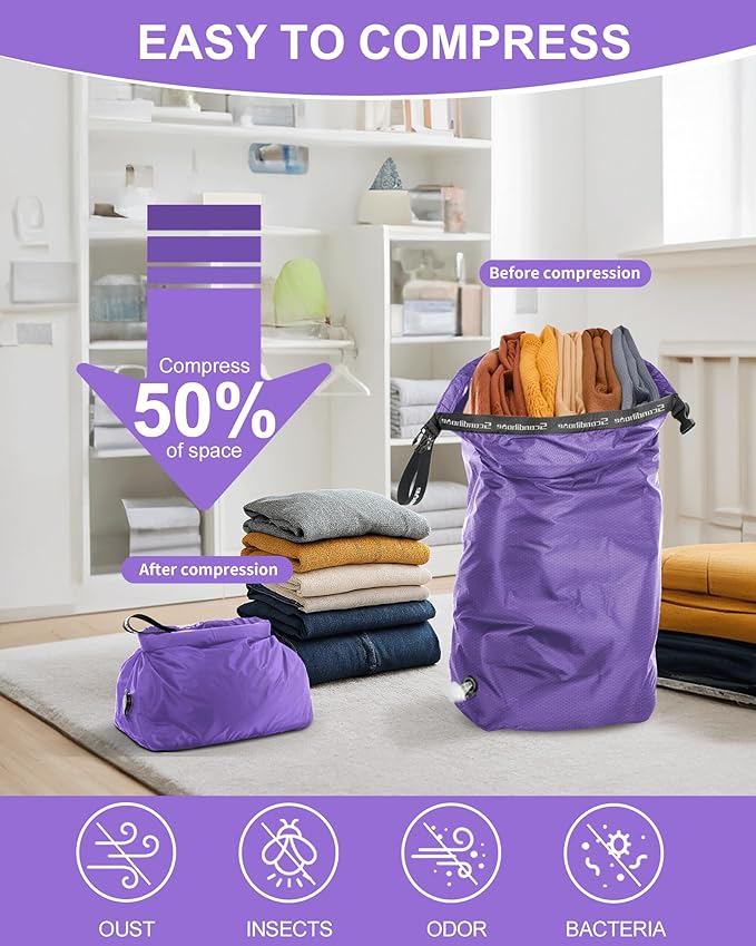 Travel Laundry Bag, Pump-free Vacuum Compression Dirty Clothes Bag, Medium Reusable Waterproof & Washable Laundry Bag, Wet and Dry Bag, Ideal for Suitcases, Laundromats (1 Pack) Purple