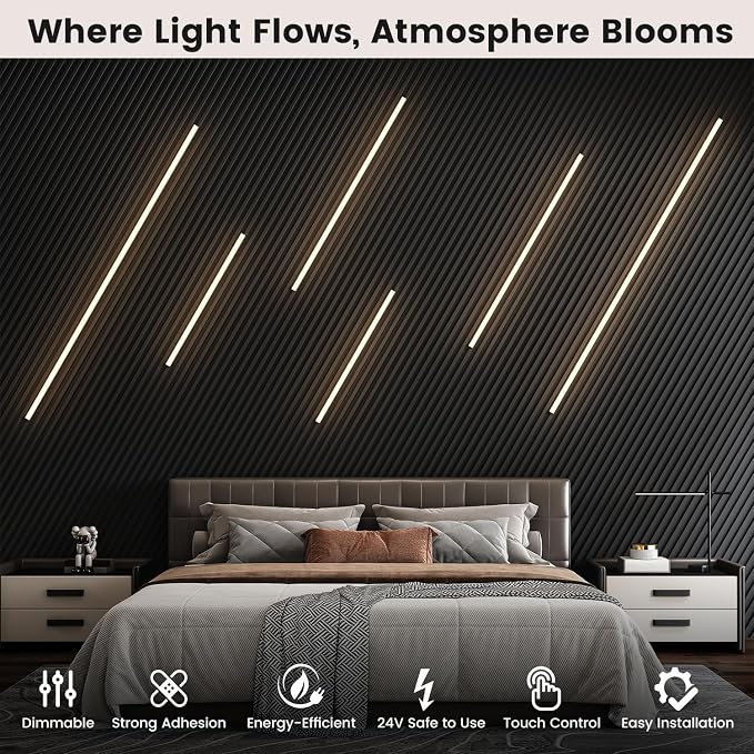 LED Recessed Lighting Kit for Wall Panels 6pcs Slat Wall Lights | Adhesive Wall Strip Lights for Interior Wall Decor, 3000K Touch Switch Lamp for Wood Slat Panels, Wall Accent Acoustic Panels