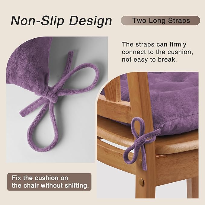 OVOV 4 Pack Chair Cushions for Dining Chairs Soft Seat Cushions for Kitchen Desk Chairs Square Chair Pads with Ties (15.5"x15.5" Purple)