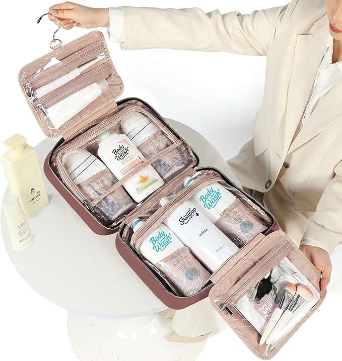 NISHEL Travel Toiletry Bag for women, Portable Hanging Organizer for Family-Sized Shampoo, Conditioner, Brushes Set, Makeup Accessories, Extra Large Size, Rosewood-Pink