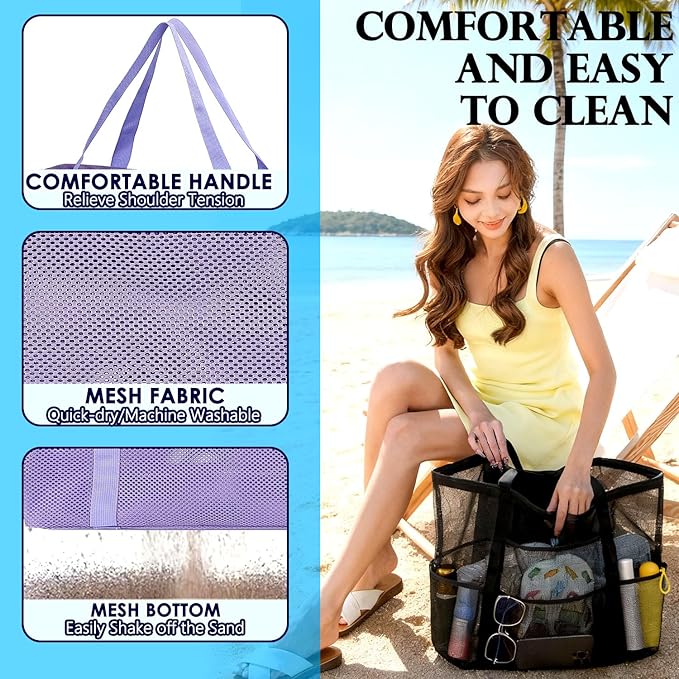Fammart Mesh Beach Bag, Large Beach Tote with Zipper Pocket, Toys Pool Bag for Family Travel Vacation Cruise Essentials
