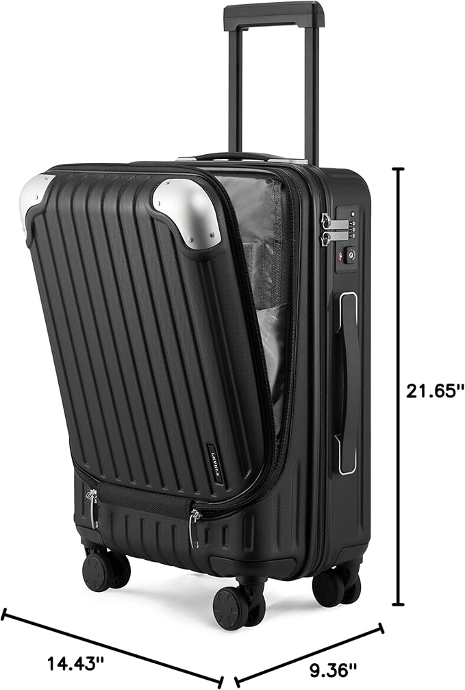 LEVEL8 Lightweight Carry-on Suitcase 20-Inch,Expandable 4 Wheel Hand Luggage, ABS+Poly-Carbonate Hardshell Spinner Trolley for Luggage with Double TSA-Approved Locks, Black, 37*24*55.5CM, Casual and