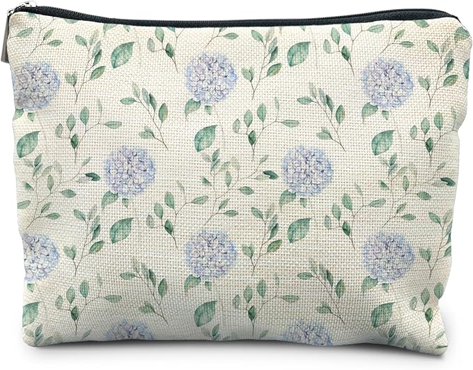 Blue Hydrangea Floral Makeup Bag - Aesthetic Toiletry Pouch for Women, Hydrangea Gifts
