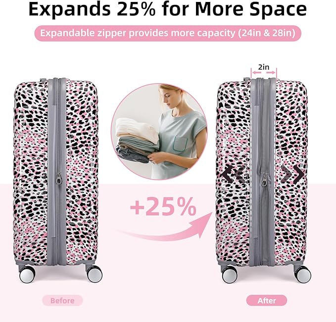 LARVENDER Luggage Sets 6 Piece, Expandable Luggage Hardside PC+ABS Leopard Suitcase Sets with Spinner Wheels TSA Lock, Lightweight Rolling Suitcase for Men and Women, Leopard Pink