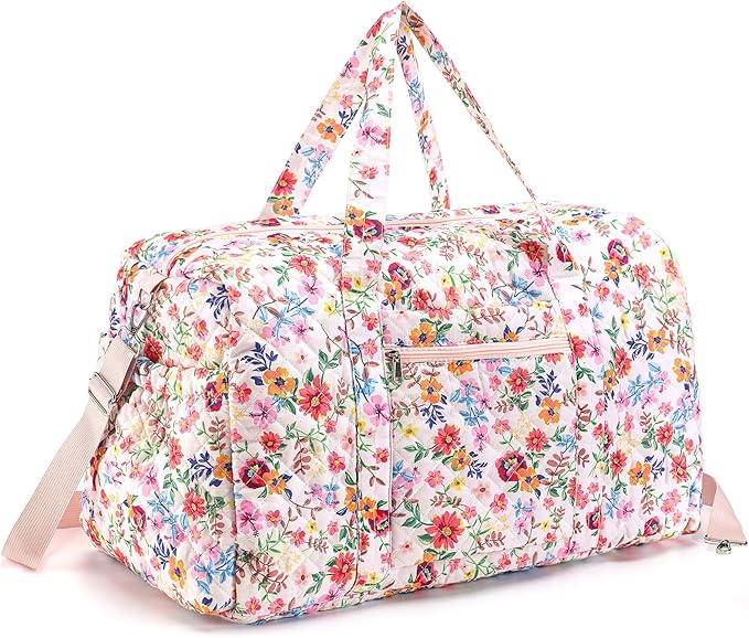 Large Quilted Travel Duffle Bag for Women Floral Portable Gym Weekender Bag with Zipper Pockets Workout Grocery Pouch Duffle Gift Pouch for Work(Pink Floral)
