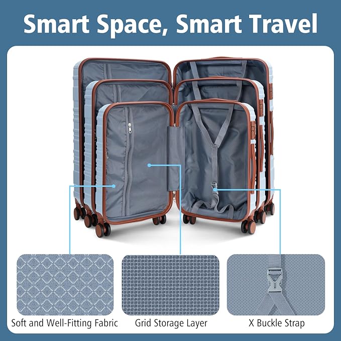 20 Inch Carry on Luggage 22x14x9 Airline Approved Blue PC Hardside YKK ZipperedDouble Spinner Wheels Lightweight Suitcase TSA Lock Travel for Men and Women