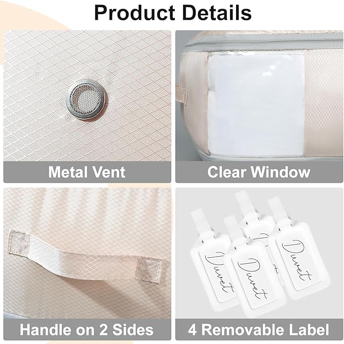 DIMJ Comforter Storage Bag - Large Capacity Ultra Space Saving Self Compression Organize for Duvet, Pillow, Bedding, Blanket Storage Organizer Nylon Compression Bags, Beige, 4 Pack