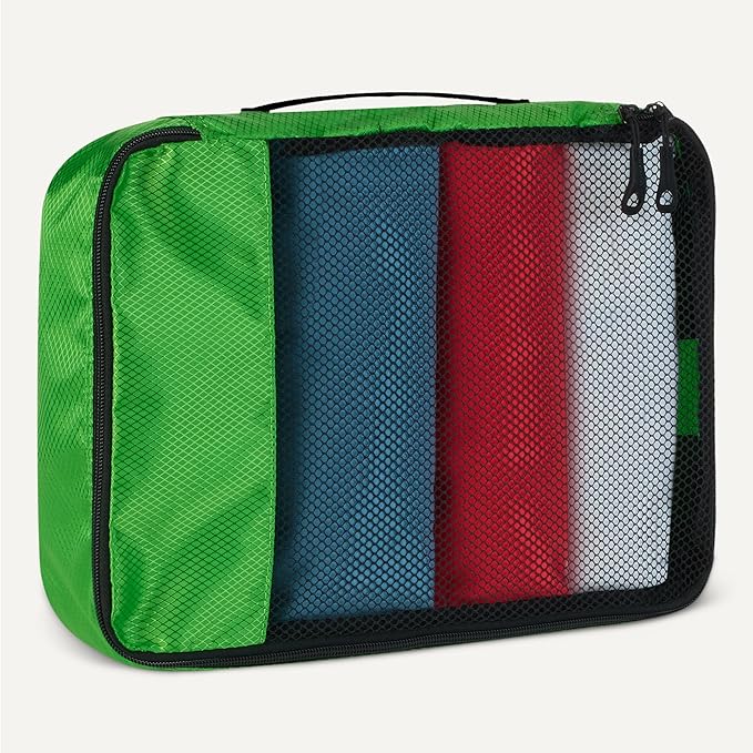 Amazon Essentials 4-Piece Packing Cubes Travel Accessories Set, Luggage Organizer, Suitcase Organizer with Double Zipper, Mesh Top, Space-Saving, Polyester, Green (Previously Amazon Basics)