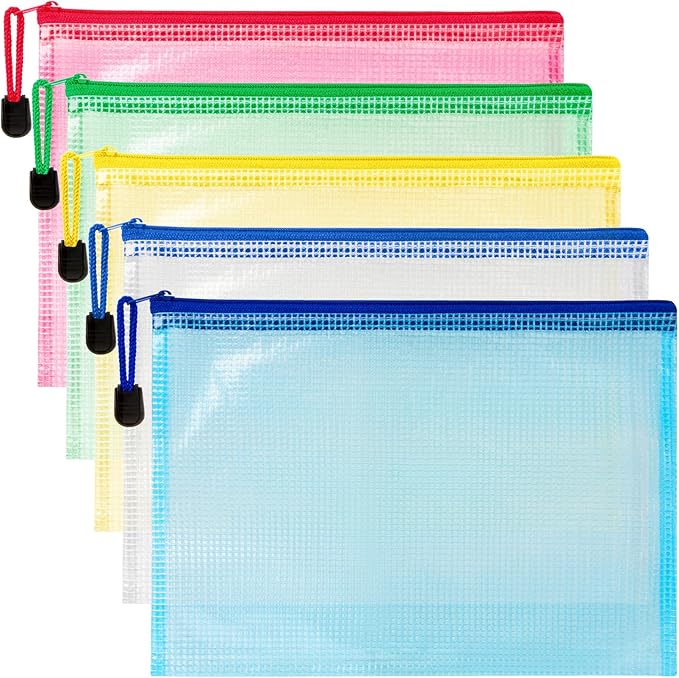 Mesh Zipper Pouch Bags - 5 Pack Waterproof Zipper Bags 13.2 x 9.4 Inch Clear Mesh Storage Pouches Assorted Colors for Home, Office, School, Travel, Puzzles, Board Game, Cosmetic, Accessories