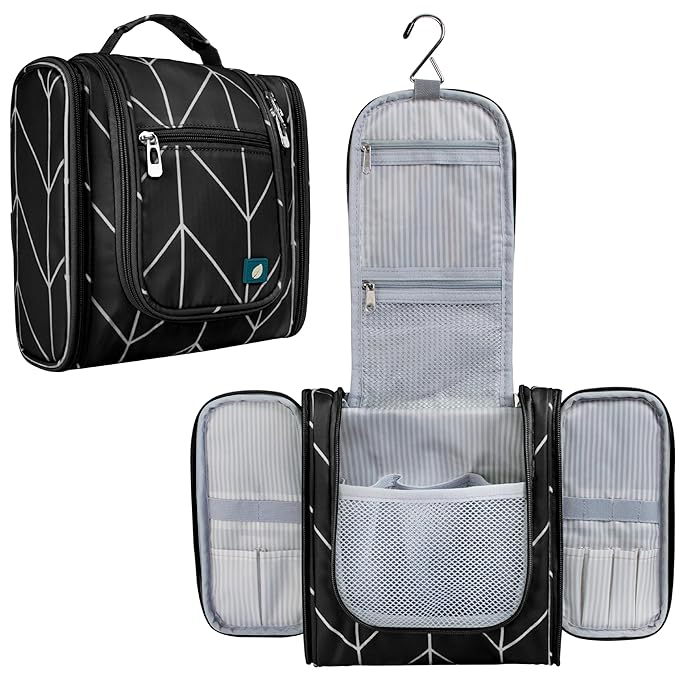 PAVILIA Toiletry Bag Travel Bag for Women Men, Hanging Cosmetic Organizer, Water Resistant Makeup Bag for Accessories Toiletries, Large Travel Essentials Kit (Black Chevron)