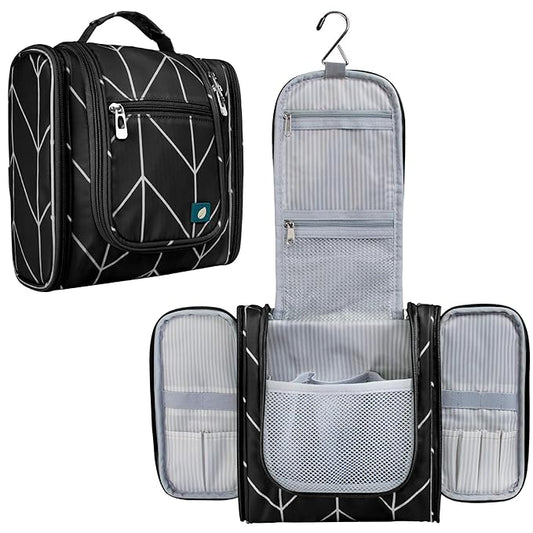 PAVILIA Toiletry Bag Travel Bag for Women Men, Hanging Cosmetic Organizer, Water Resistant Makeup Bag for Accessories Toiletries, Large Travel Essentials Kit (Black Chevron)