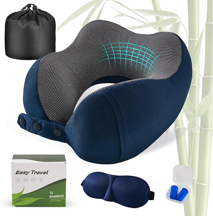 Neck Pillow for Traveling, Travel Pillows for Airplanes,100% Pure Memory Foam Travel Neck Pillow, Adjustable Flight Pillow, Portable Plane Accessories with Eye Mask, Earplugs, Carry Bag