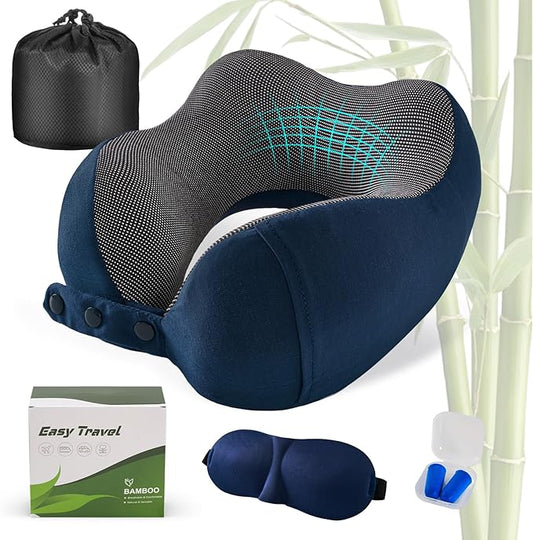 Neck Pillow for Traveling, Travel Pillows for Airplanes,100% Pure Memory Foam Travel Neck Pillow, Adjustable Flight Pillow, Portable Plane Accessories with Eye Mask, Earplugs, Carry Bag