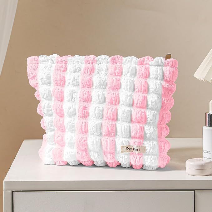 Makeup Bag, Bubble Cloud Travel Cosmetic Bag Organizer, Large Capacity Toiletry Make Up Bags with Zipper for Women and Girls, Pink-White