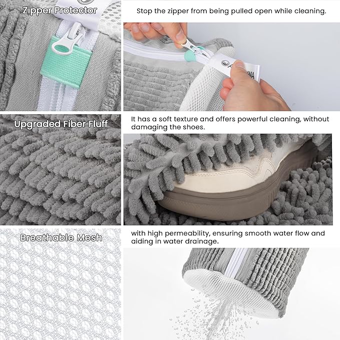 2Pcs Shoe Washing Machine Bag, Sneaker Laundry Bag for Washing Machine, Extra Long and Thick Microfibre Fluff, Reusable for Washer and Dryer (2pcs, Gray-white)