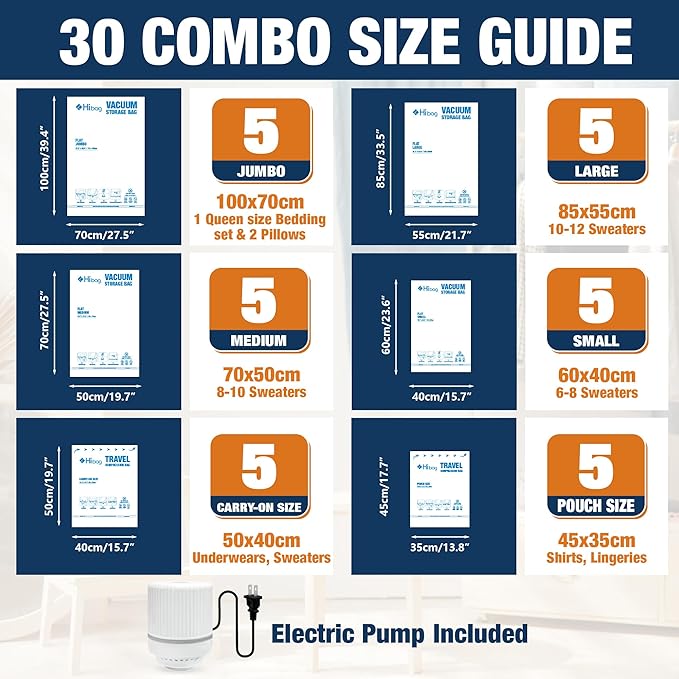 HIBAG Vacuum Storage Bags with Electric Pump, Vacuum Seal Bags for Clothing, Pillows, Blanket Bedding Comforters, 30 pack