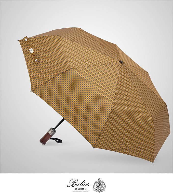 Balios (Designed in UK) Travel Umbrella Luxurious Golden Hardwood Handle Auto Open & Close Windproof Frame Single Canopy Automatic Folding Umbrella Men's & Ladies