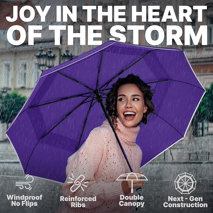Royal Walk Windproof Folding Travel Umbrella Compact and Strong Luxurious Real Wood Handle Automatic Open Close Vented Double Canopy for Men and Women (Purple)