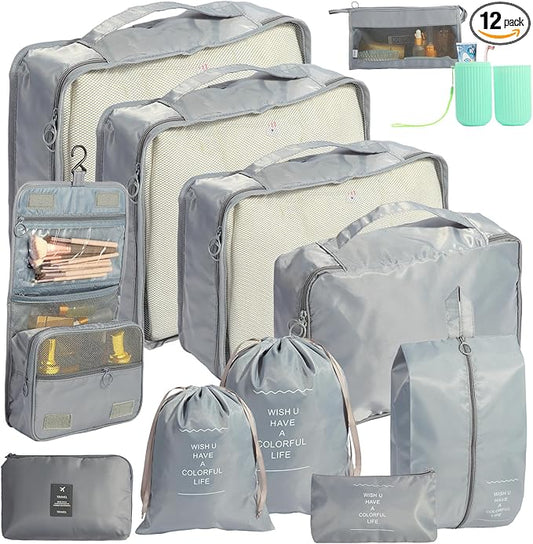 12PCS Packing Cubes for Suitcases, Travel Luggage Organizer Bags, Packing Cubes Luggage Packing Organizers for Travel Accessories, Grey