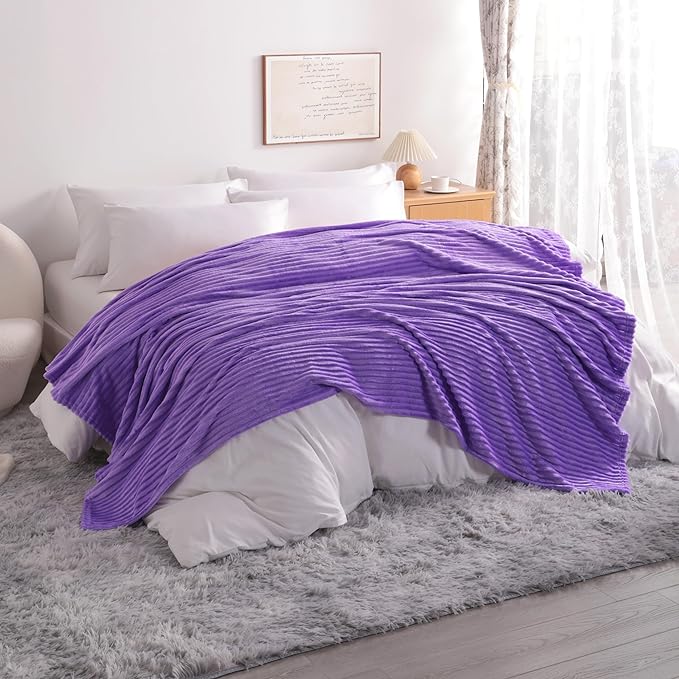 NTBAY Plush Flannel Twin Bed Blanket, 60X80 Inches Soft and Warm Lightweight Blanket with Striped Texture Bed Blanket for Couch Sofa Bed All Seasons, 60"x80", Purple