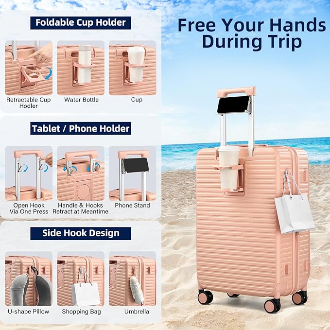 HanTrip Hard Shell Suitcases 24 Inch Check in Luggage with Spinner Wheels Cup Holder, Lightweight Top Opening Expandable Luggage Hard Case Rolling Medium Checked Suitcase with Lock, Pink