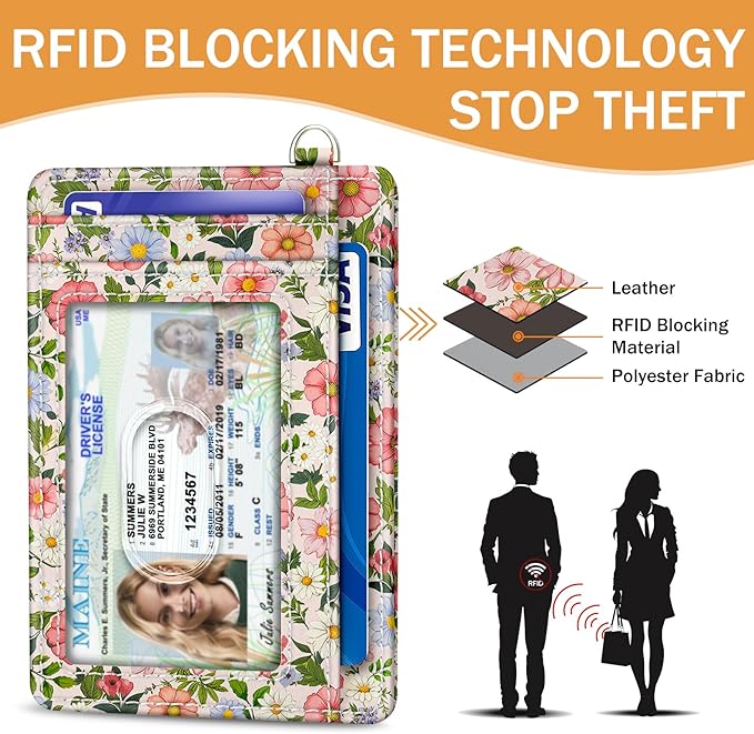 Yonlevres Credit Card Holder Slim Wallet, Floral RFID Wallet Women Front Pocket Small Card Holder, Travel Cute Thin with ID Window PU Leather RFID Blocking Case Organizer Gift Girls Ladies