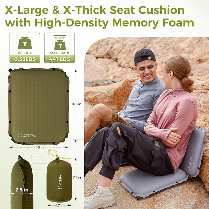 ATEPA Inflatable Seat Cushion, Self-Inflating Portable Stadium Airplane Travel Foam Cushion Pad for Camping, Sports Events, Outdoor
