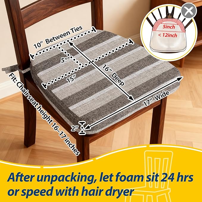 AAAAAcessories D-Shaped Chair Cushions, 2" Thick Dining Chair Pads with Ties and Removable, Machine-Washable Cover, 17" x 16", Boldstripes Chocolate/Beige