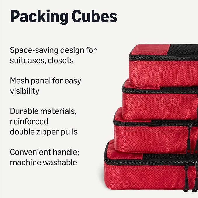 Amazon Essentials 4-Piece Space-Saving Packing Cubes Travel Accessories Set, Luggage Organizer with Double Zipper, Mesh Top, Polyester, Slim, Red (Previously Amazon Basics)