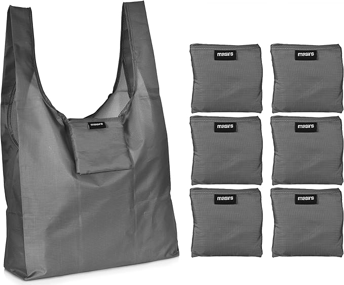 Masirs Reusable Grocery Bag (6-PACK | GREY) - Reusable Ripstop Bags - Large, Strong Eco Friendly Bags - Foldable Shopping Bag - For Kitchen, Grocery & More - Packable Shopping Bag