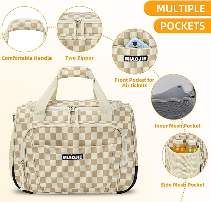 Underseat Carry On Luggage Lightweight Travel Tote Weekender Bag Overnight Duffle Bag for Travel, Travel Essentials Personal Item Travel Bag for Women, Corduroy Khaki Grid-16Inch